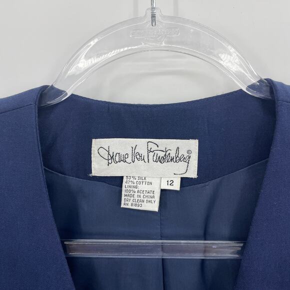 DIANE VON FURSTENBERG Collarless Blazer Jacket Size 12 Blue Cotton Silk Button - Picture 2 of 8